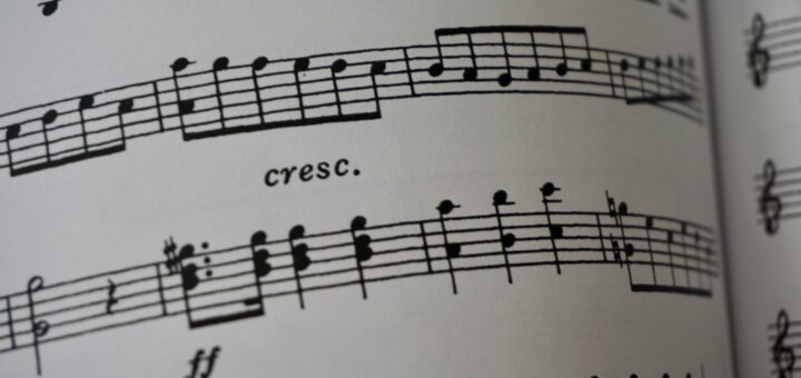 a close up of a book with musical notes